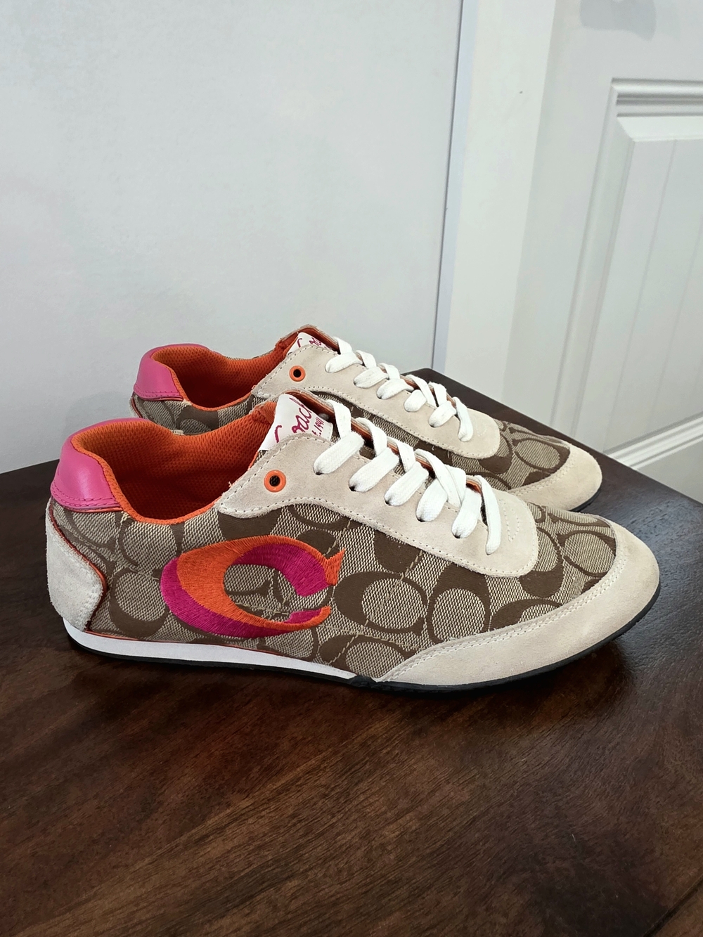 Coach Signature Canvas Monogram Sneakers w/ Pink and Orange Accents